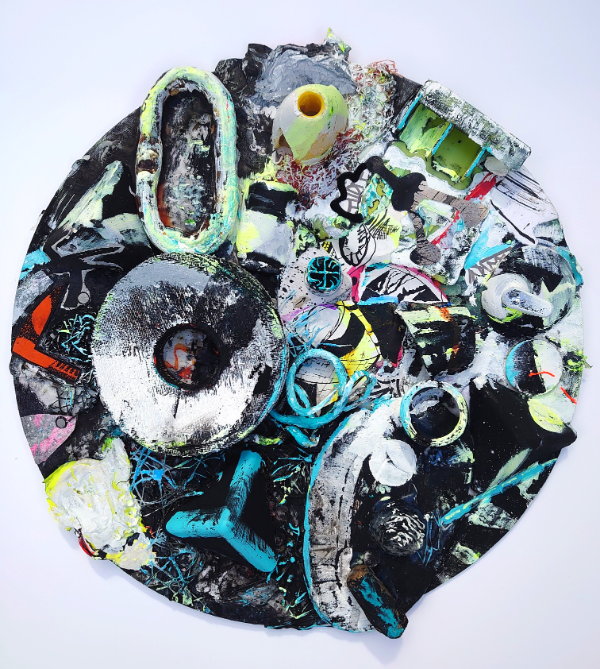 Tolcarne - Art work in mixed media on round canvas by Kirsten Mortimer